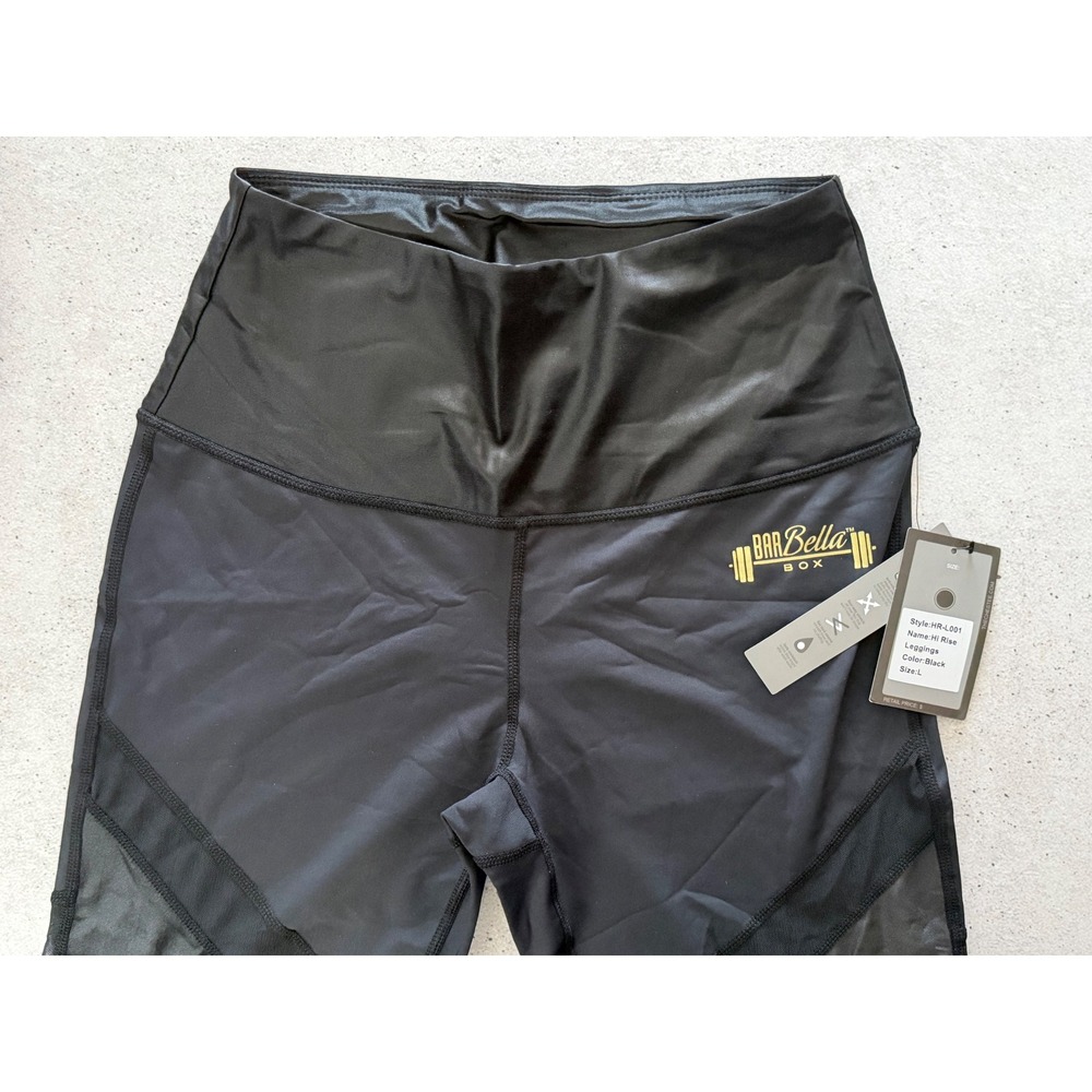 BarBella Box Hi Rise Leggings Black Faux Leather Mesh Workout Pants‎ HR-L001 NWT